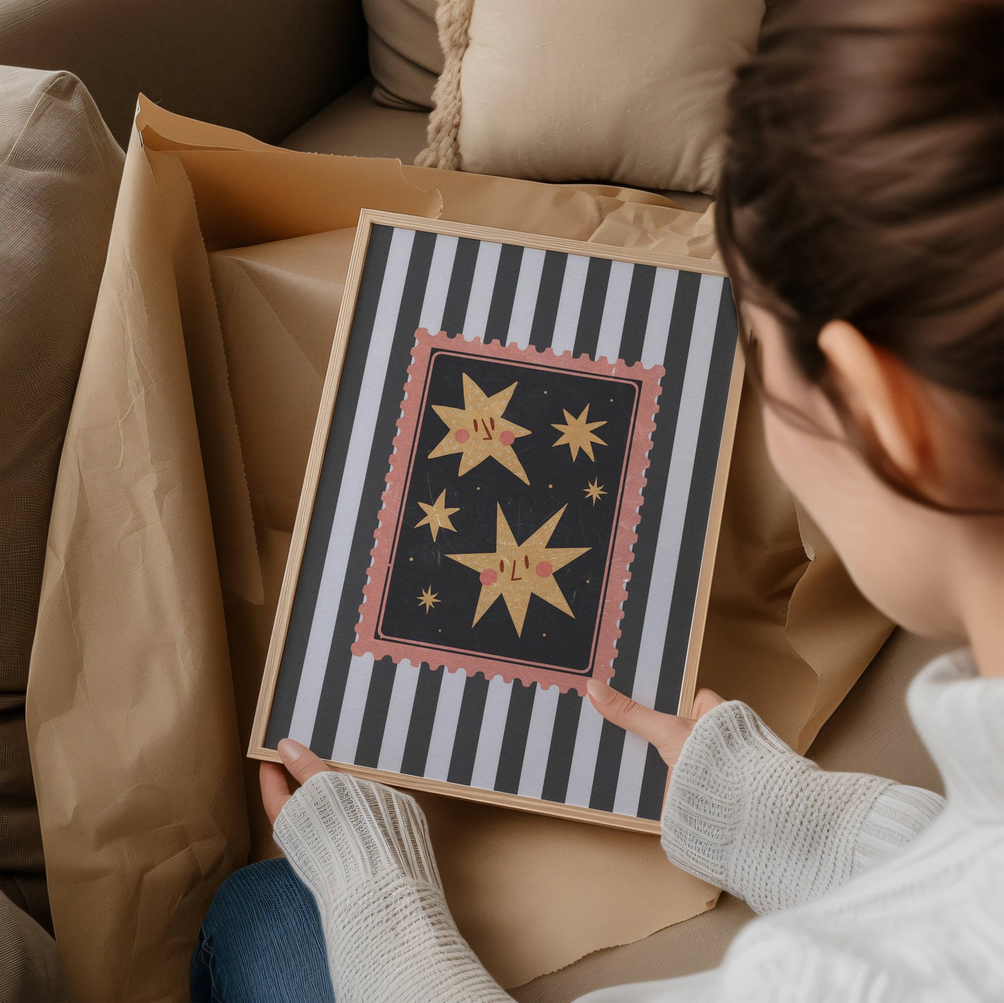 Vintage Star Art Print – Classic Stripes with Gold Star Motif