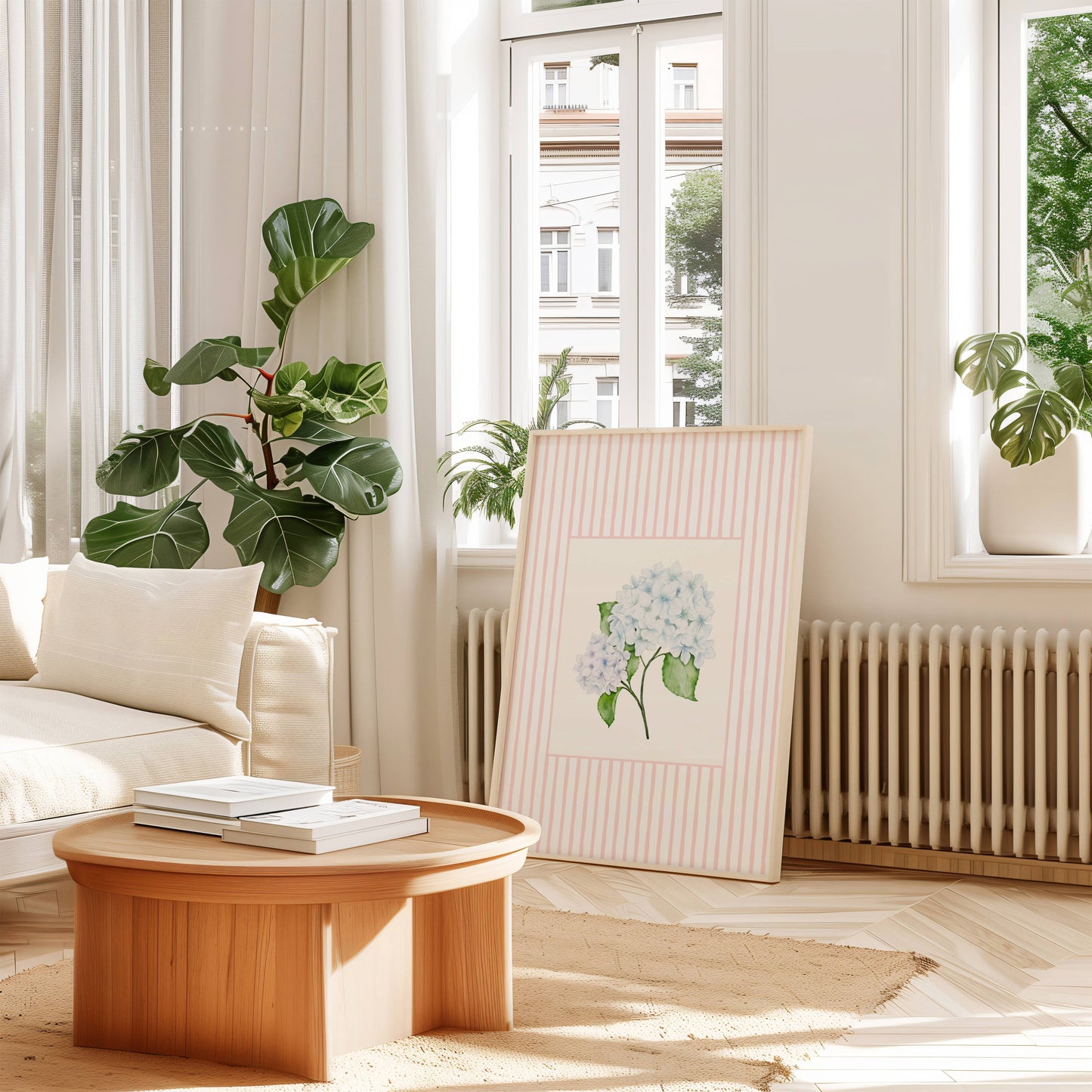 Blue Hydrangea Art Print – Soft Floral Wall Art with Pink Stripe Frame