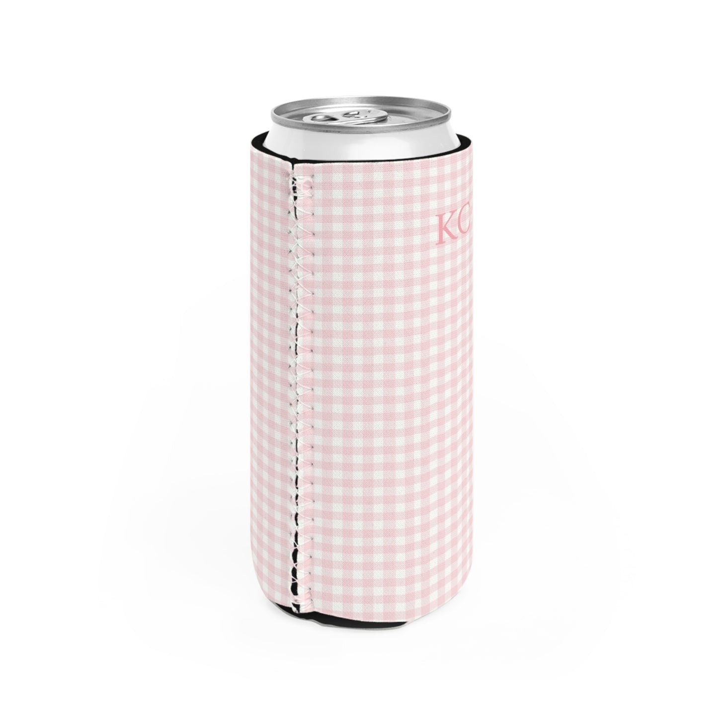 Personalized Slim Can Cooler – Custom Drink Sleeve (Pink Gingham)