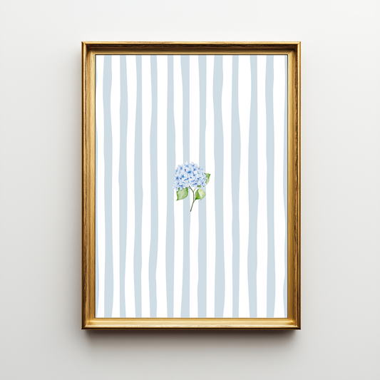 Blue Hydrangea Stripe Art Print- Soft Cottage Wall Decor