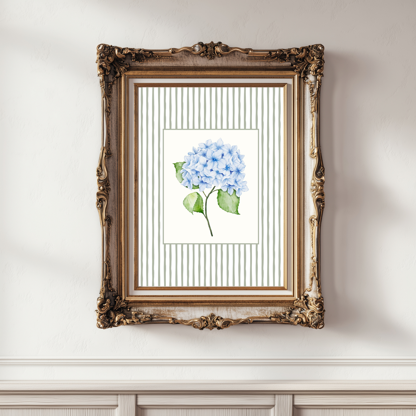 Blue Hydrangea Art Print – Soft Floral Wall Art with Sage Green Stripe Frame