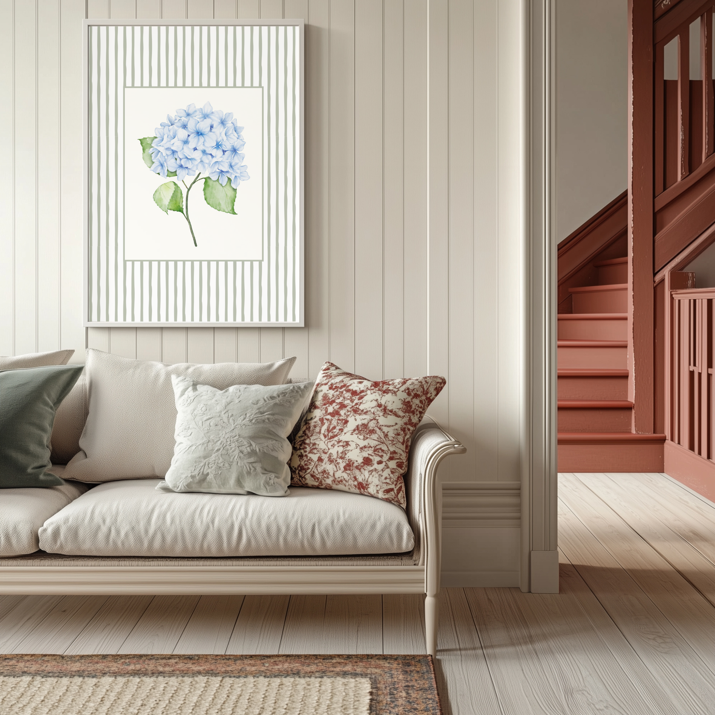 Blue Hydrangea Art Print – Soft Floral Wall Art with Sage Green Stripe Frame