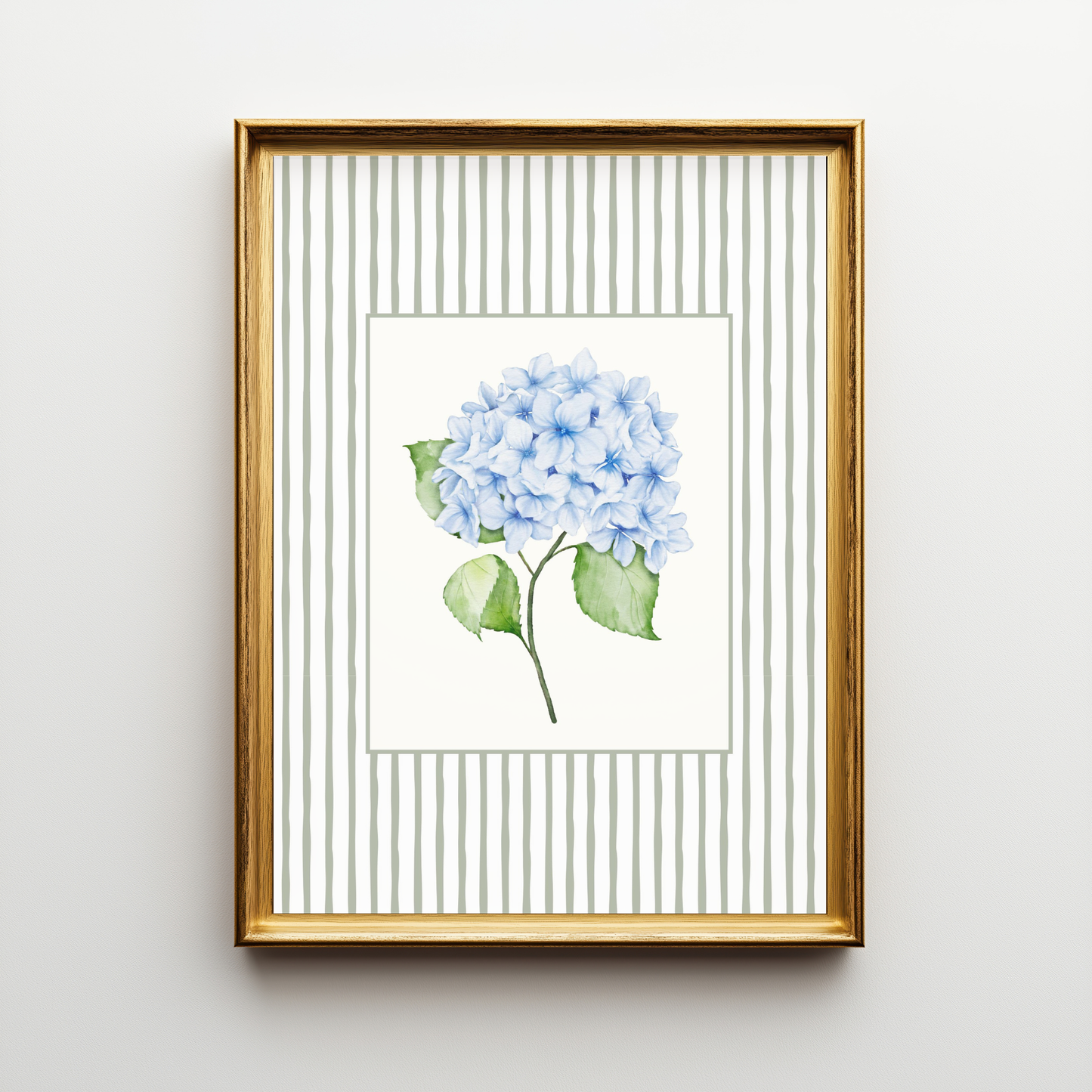 Blue Hydrangea Art Print – Soft Floral Wall Art with Sage Green Stripe Frame