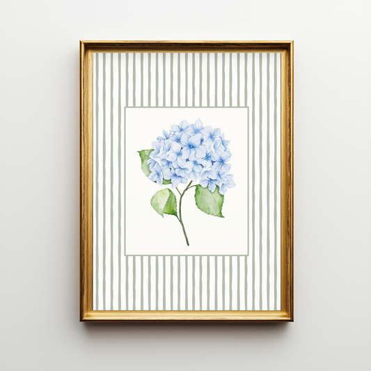 Blue Hydrangea Art Print – Soft Floral Wall Art with Sage Green Stripe Frame