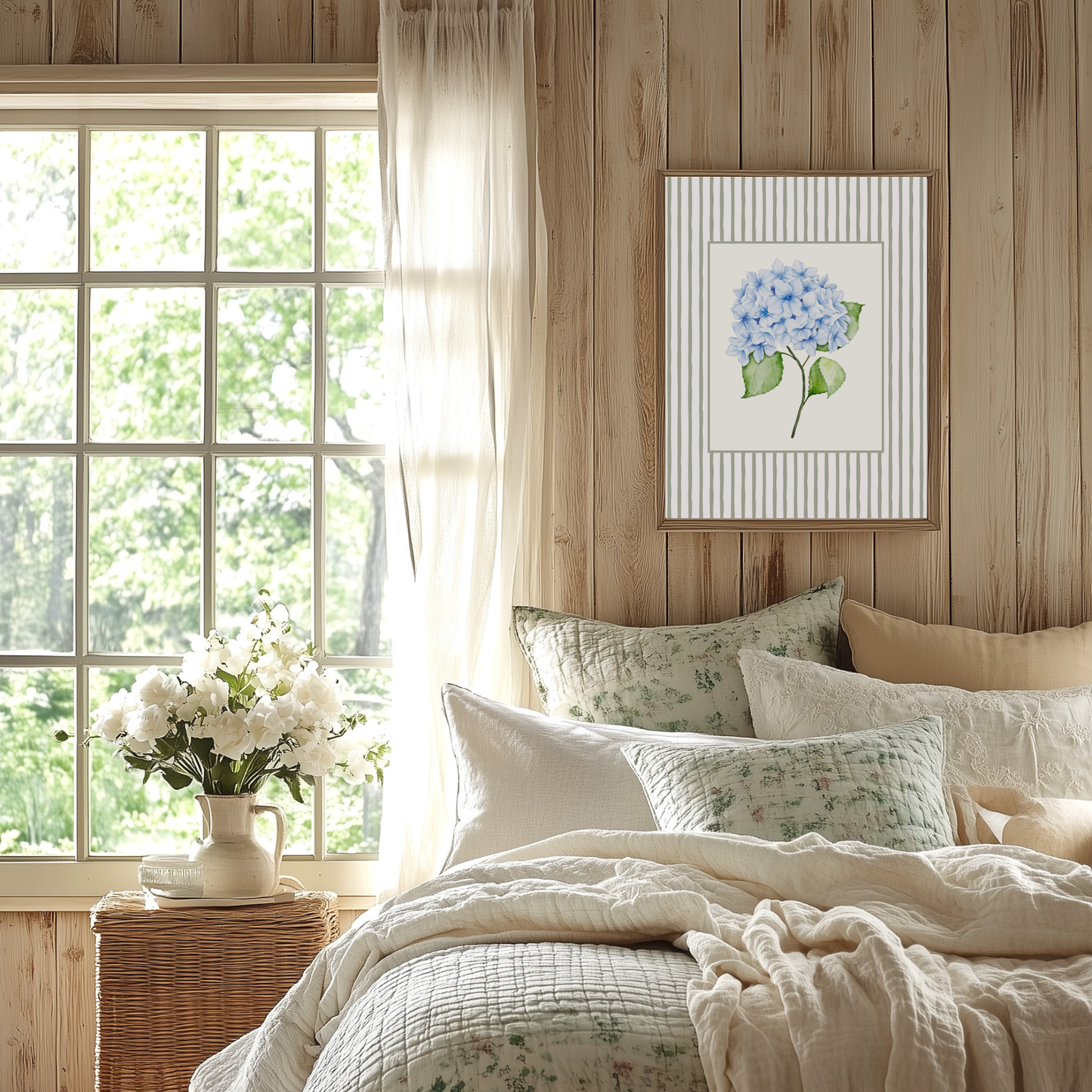 Blue Hydrangea Art Print – Soft Floral Wall Art with Sage Green Stripe Frame