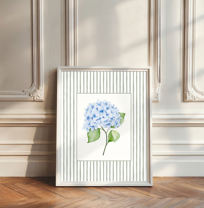 Blue Hydrangea Art Print – Soft Floral Wall Art with Sage Green Stripe Frame