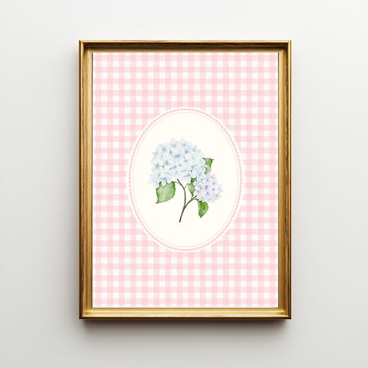 Pink Gingham Hydrangea Art Print