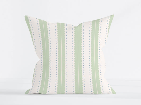 Green Scalloped Stripe Pillow Cover – Soft Cottage Style Decorative Cushion