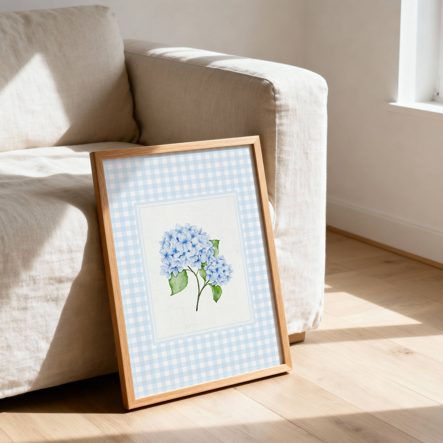 Blue Hydrangea Gingham Wall Art Print
