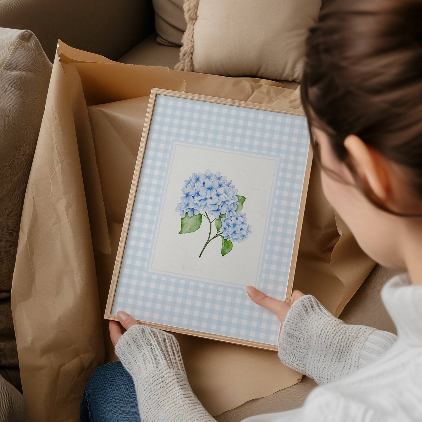 Blue Hydrangea Gingham Wall Art Print