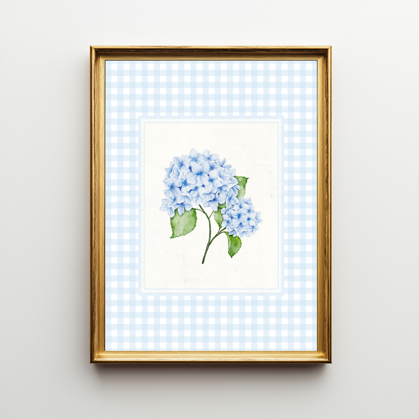 Blue Hydrangea Gingham Wall Art Print