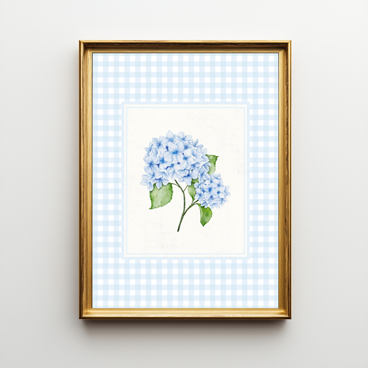 Blue Hydrangea Gingham Wall Art Print