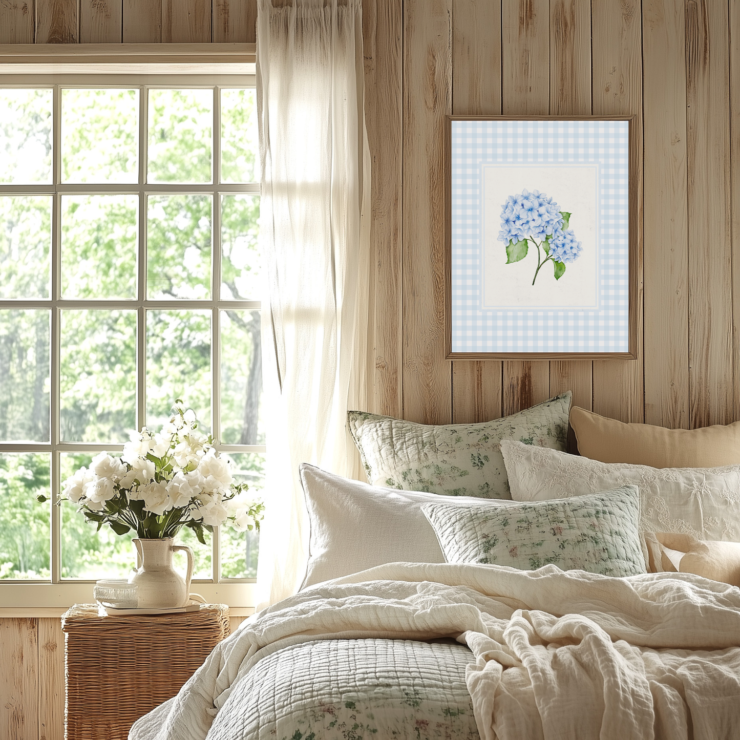 Blue Hydrangea Gingham Wall Art Print