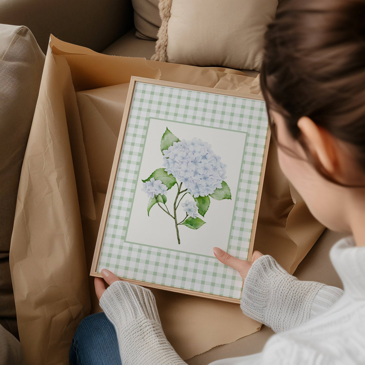 Green Gingham Hydrangea Wall Art