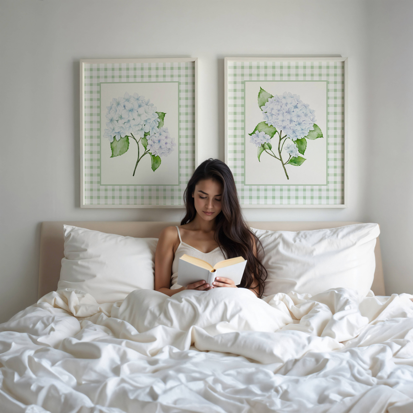 Green Gingham Hydrangea Wall Art