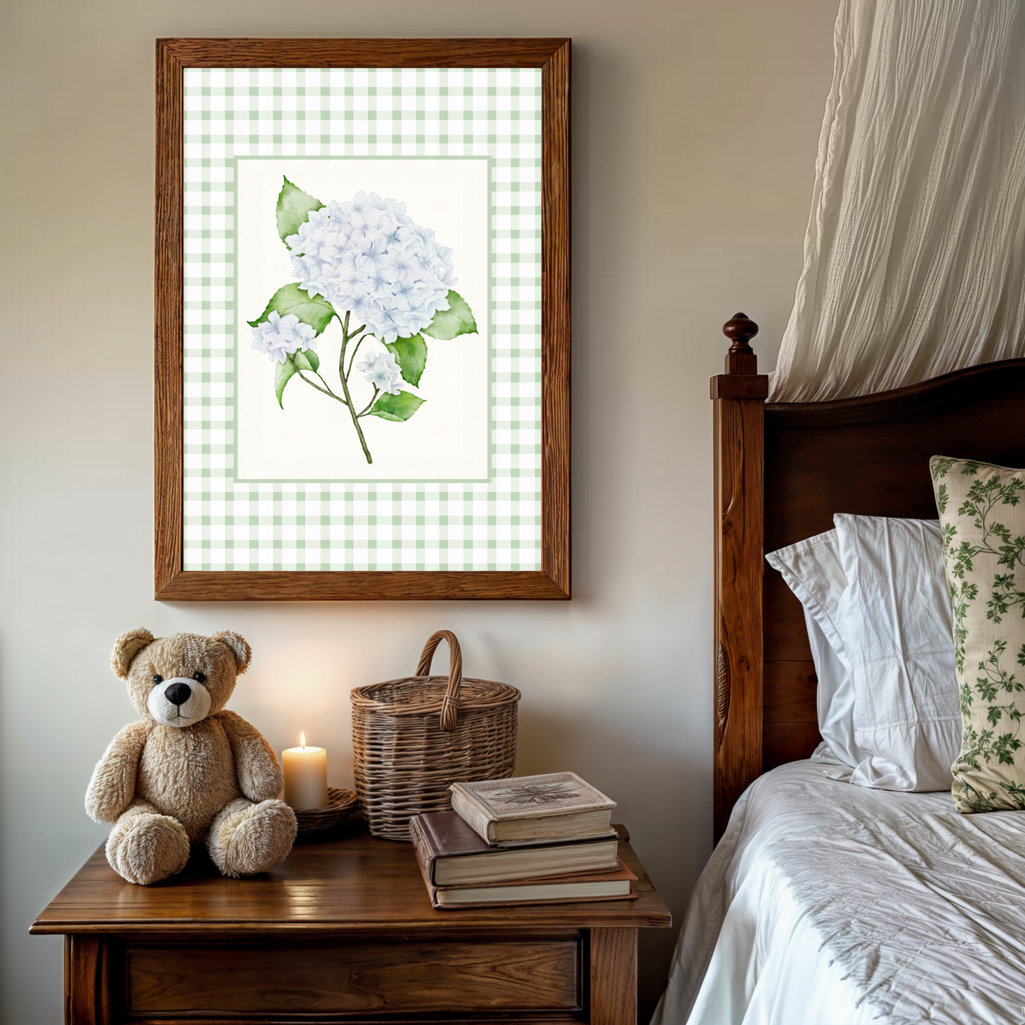 Green Gingham Hydrangea Wall Art