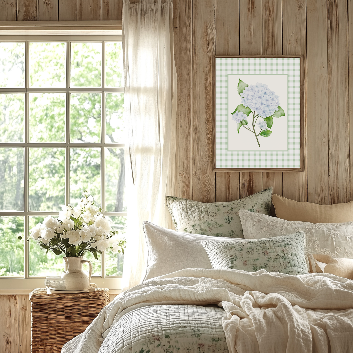 Green Gingham Hydrangea Wall Art