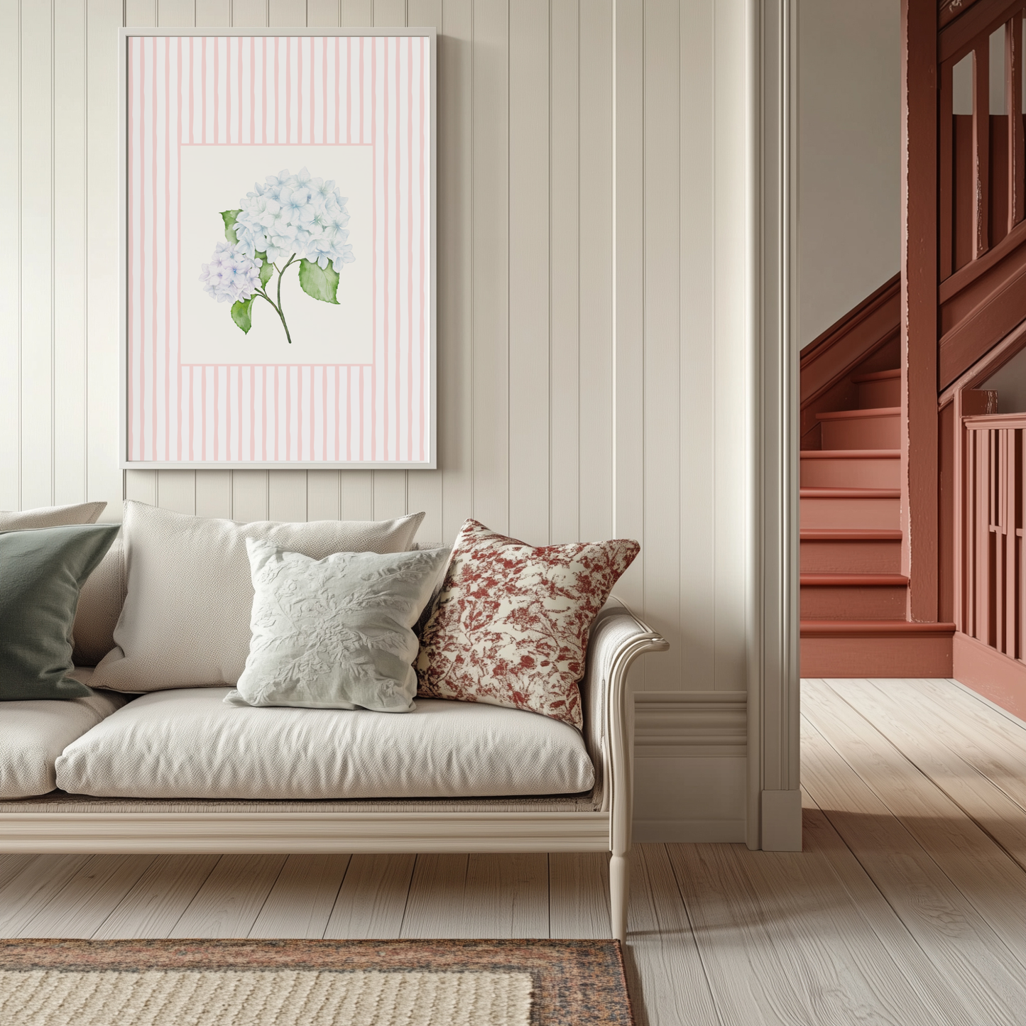 Pink Stripe Hydrangea Wall Art Print