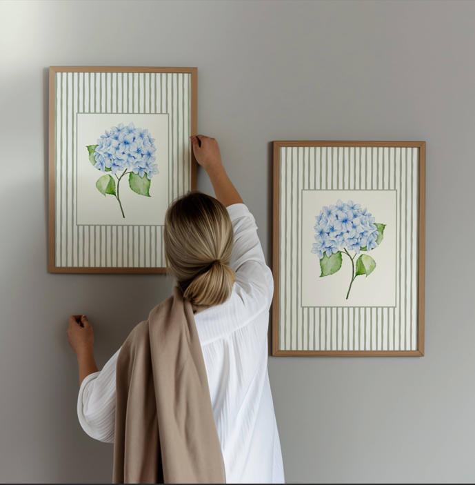 Sage Stripe Hydrangea Wall Art Print