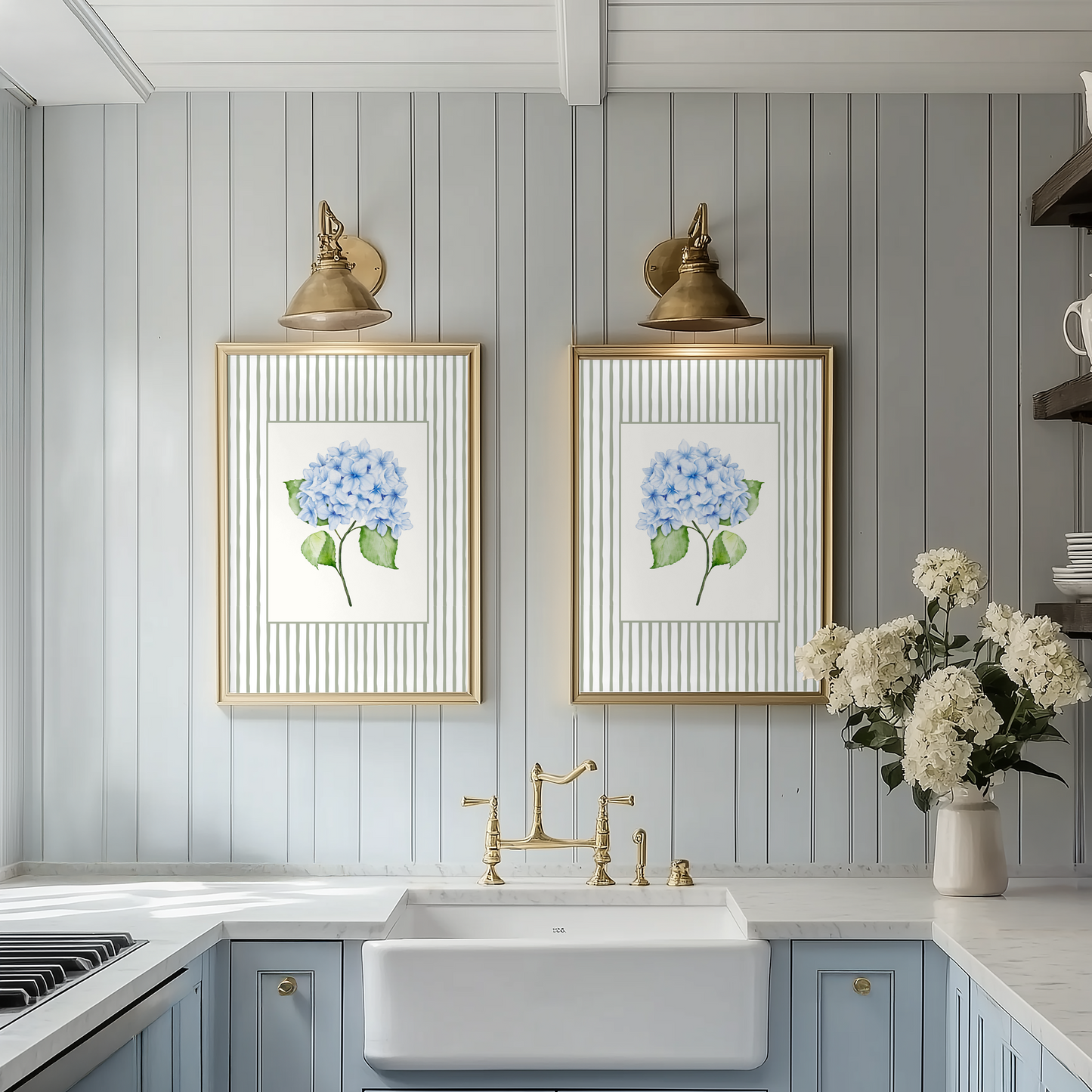 Sage Stripe Hydrangea Wall Art Print