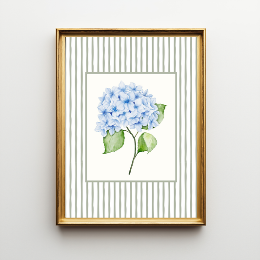 Sage Stripe Hydrangea Wall Art Print