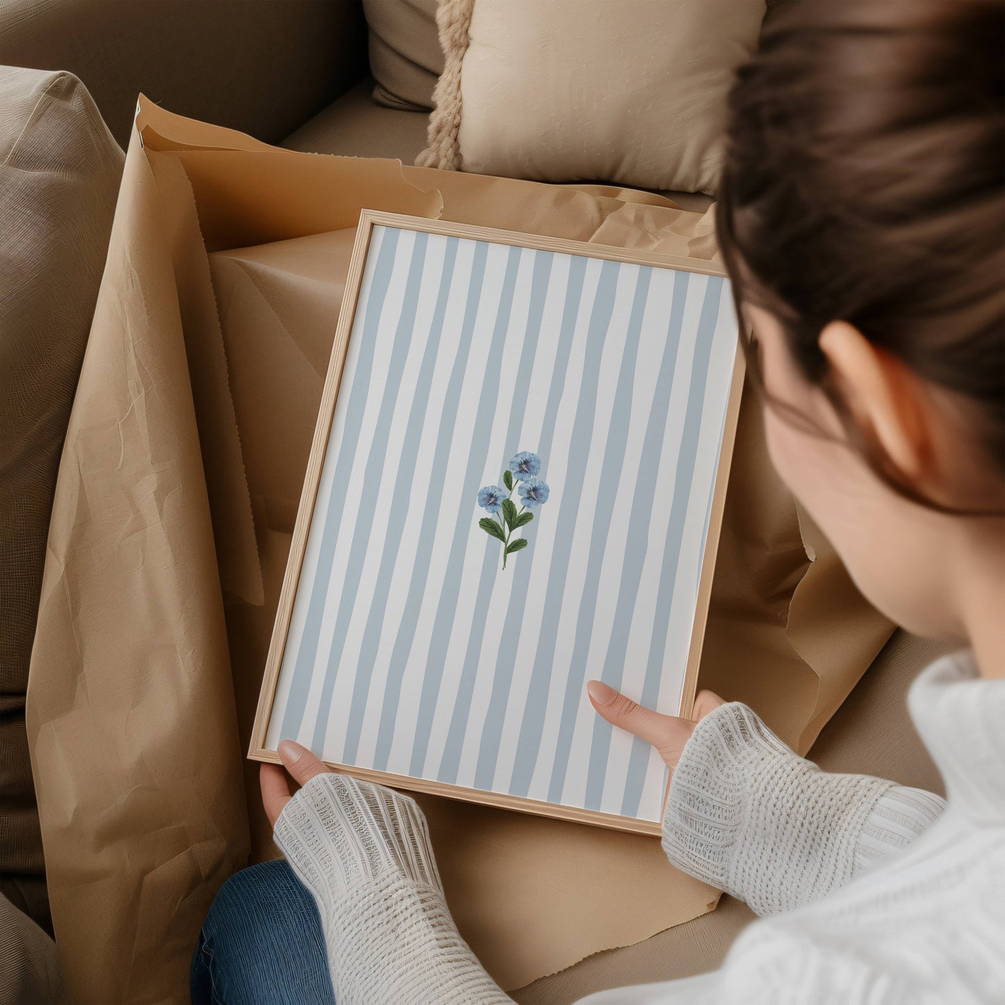 Blue Floral Stripe Wall Art Print