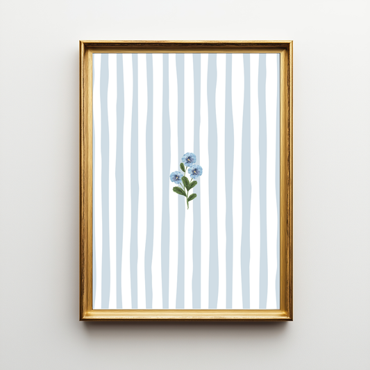 Blue Floral Stripe Wall Art Print