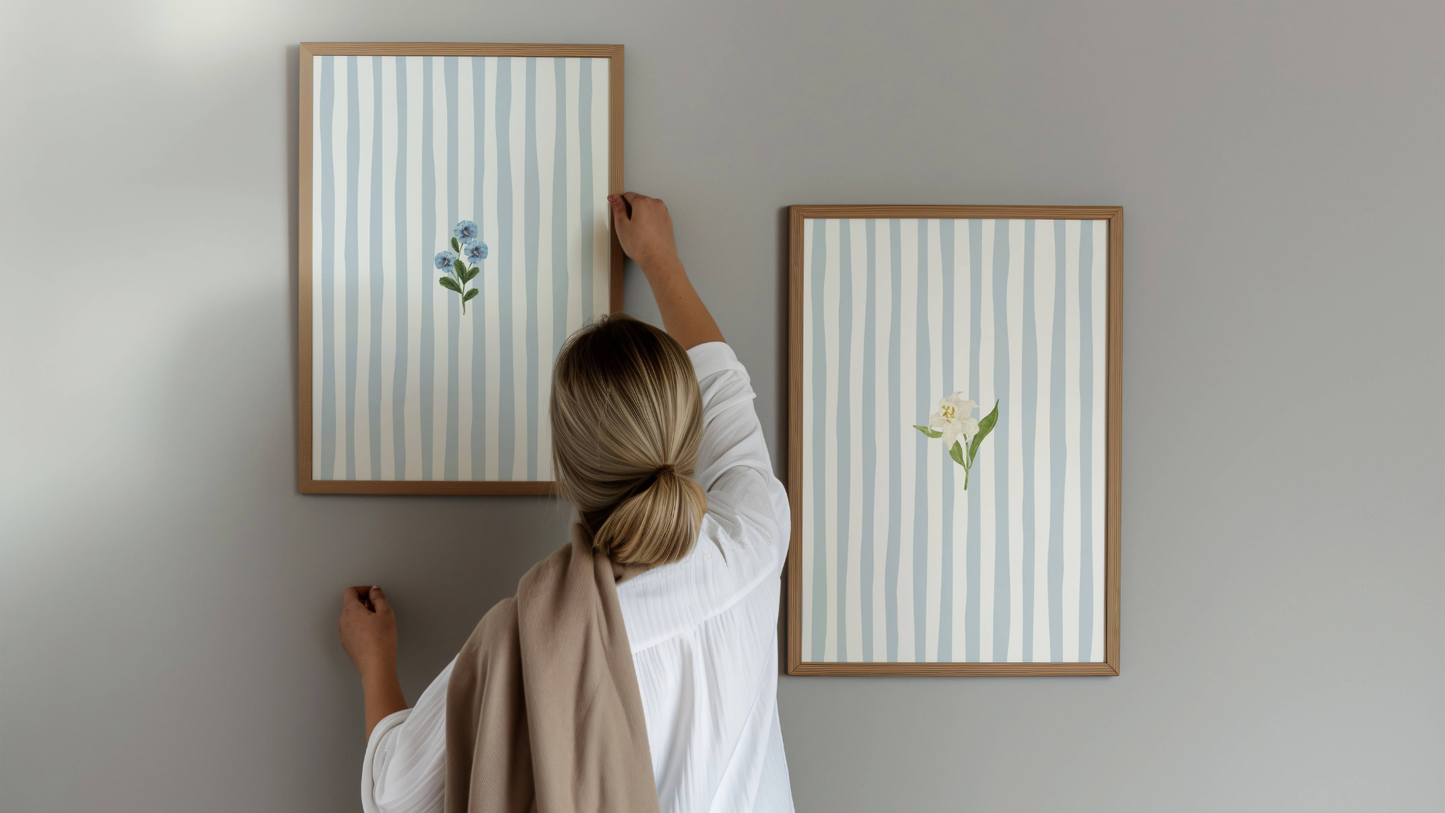Blue Floral Stripe Wall Art Print