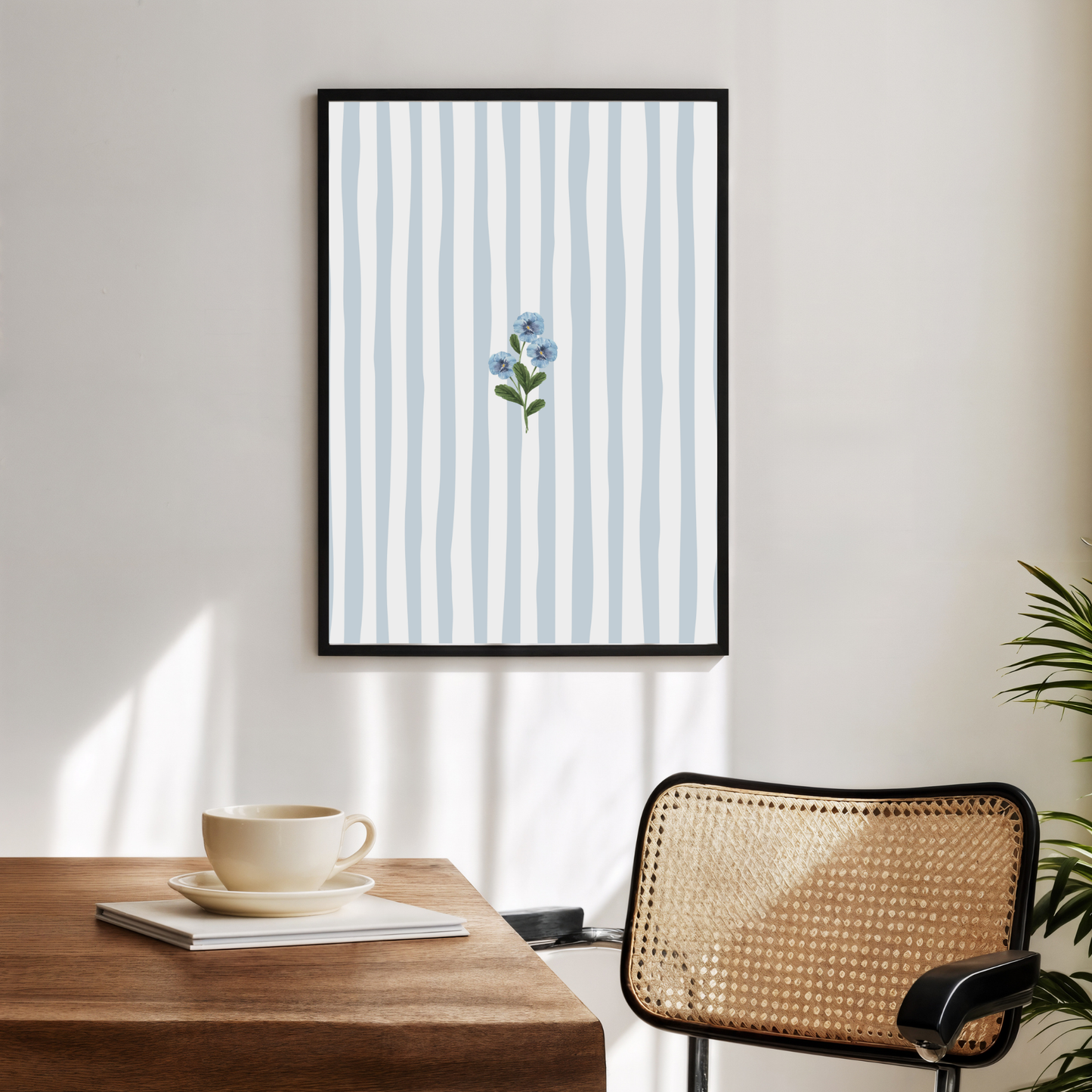 Blue Floral Stripe Wall Art Print