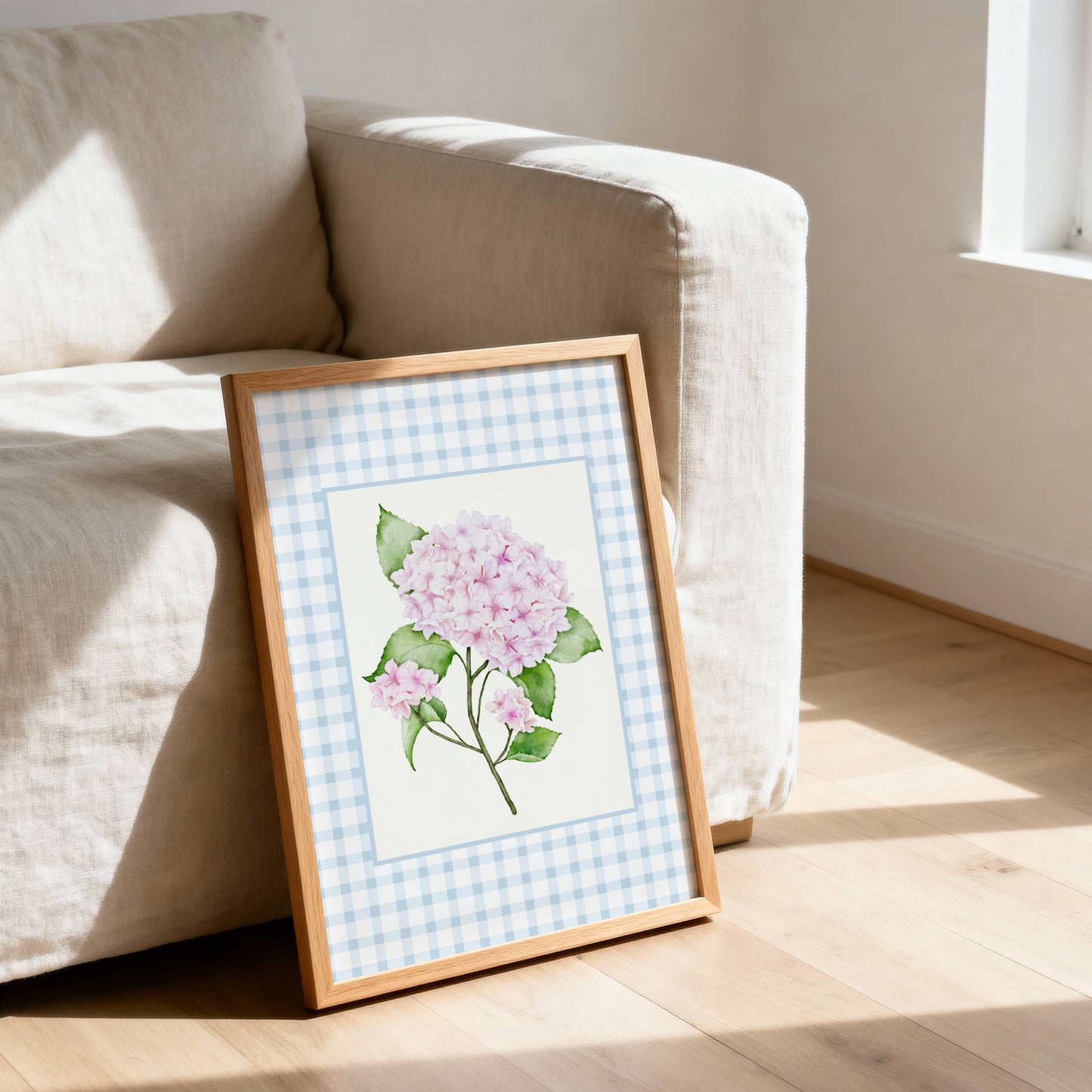 Pink Hydrangea Gingham Wall Art – Bloom I