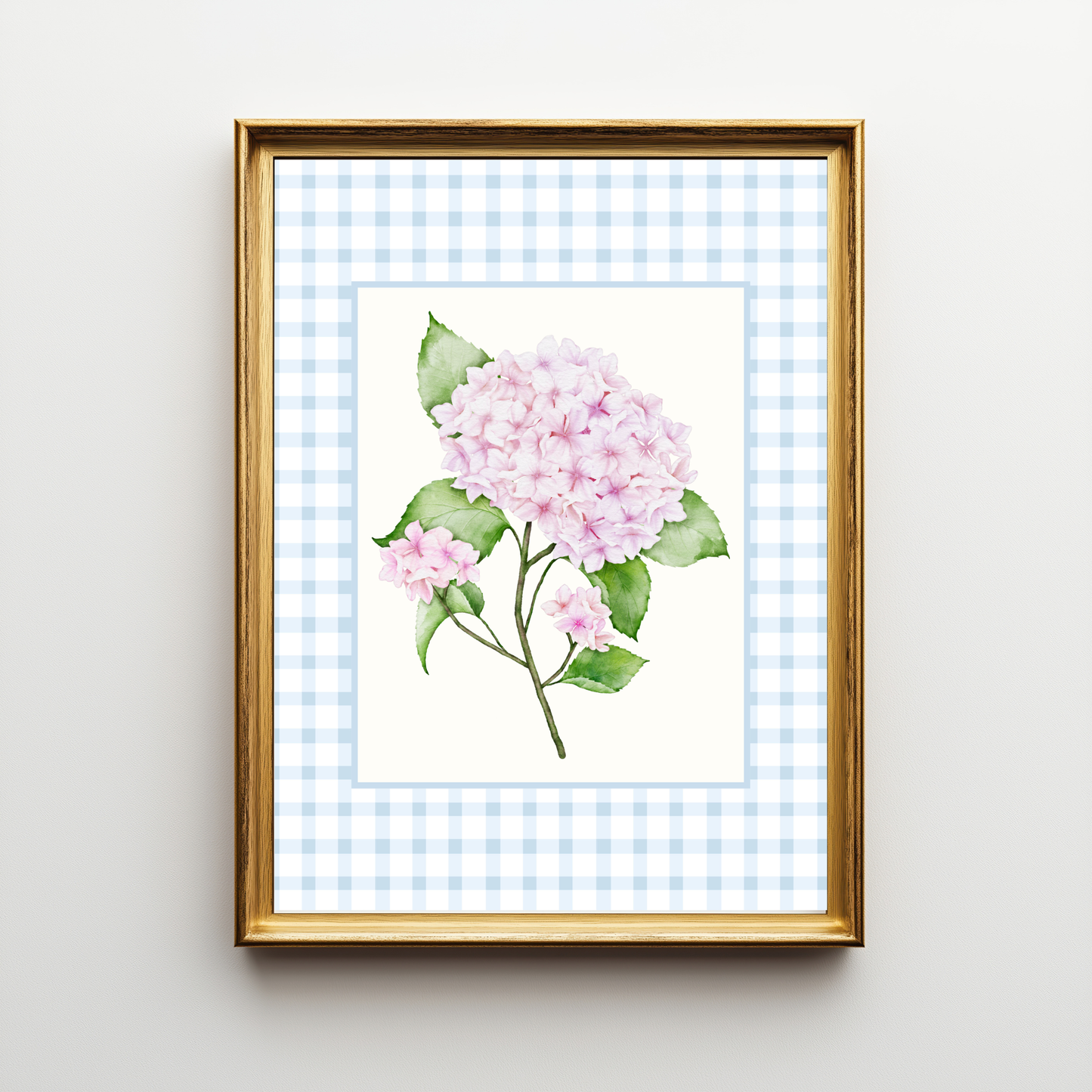 Pink Hydrangea Gingham Wall Art – Bloom I