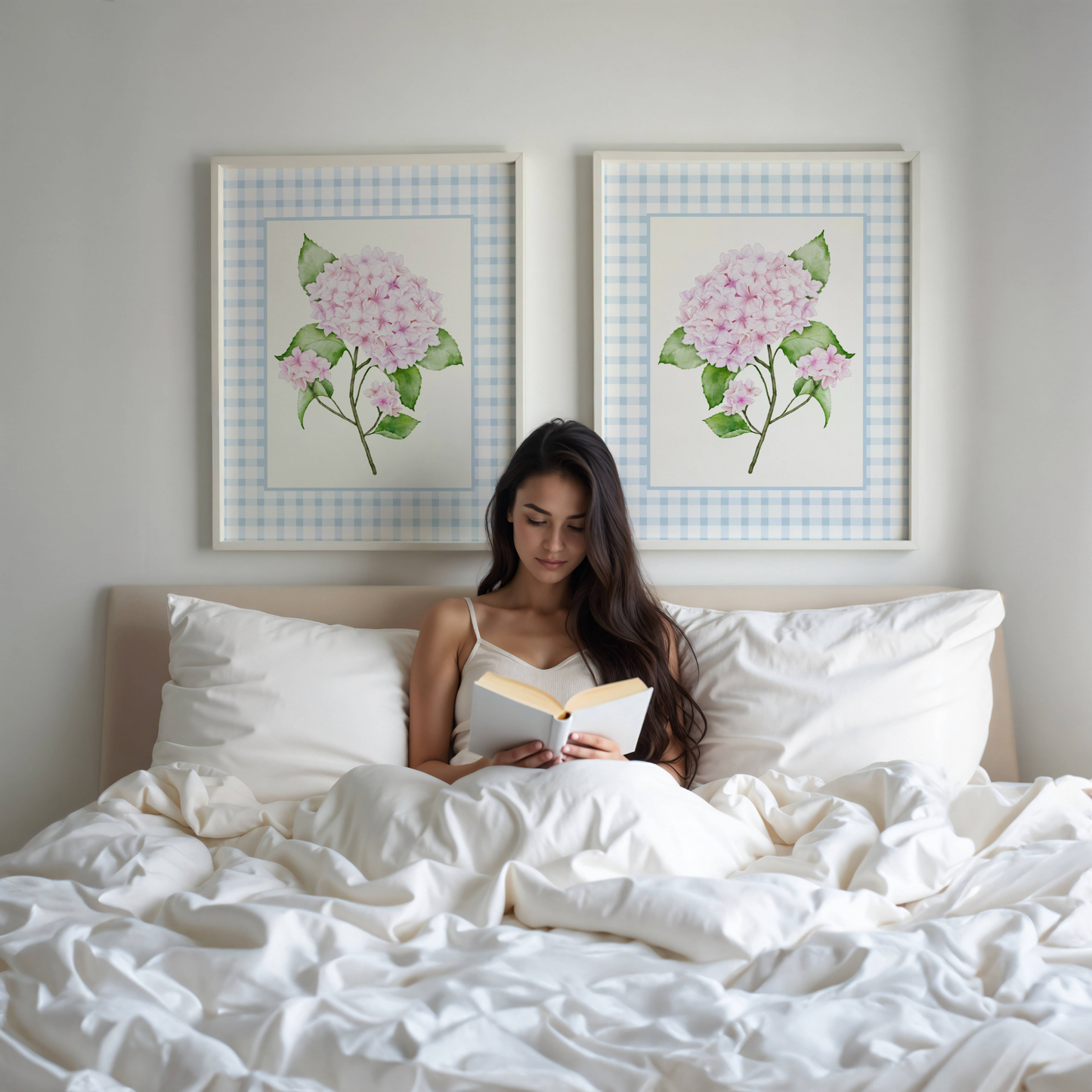 Pink Hydrangea Gingham Wall Art – Bloom I