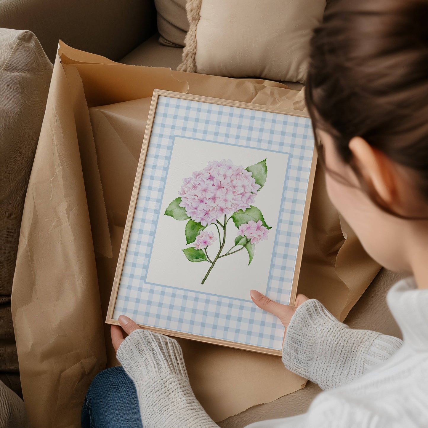 Pink Hydrangea Gingham Wall Art – Bloom II