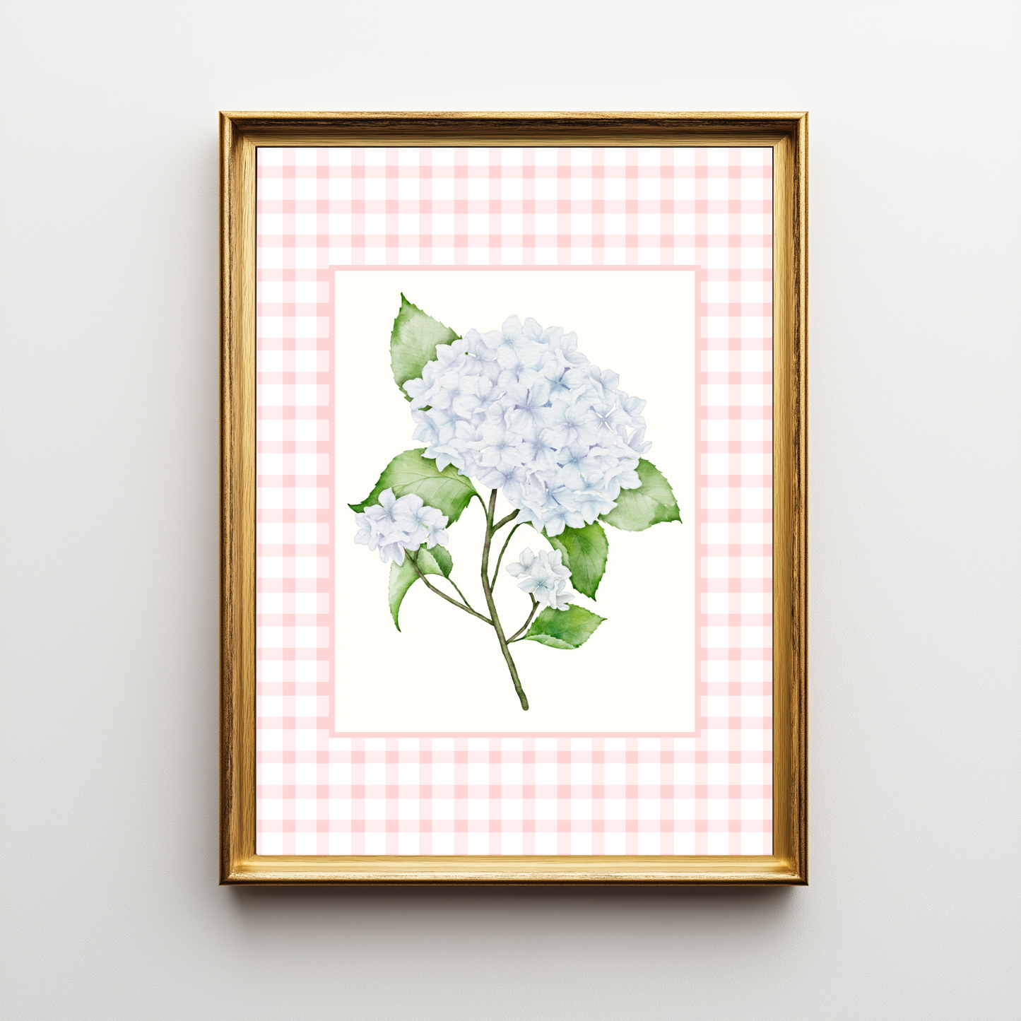 Blue Hydrangea Pink Gingham Wall Art – Bloom I
