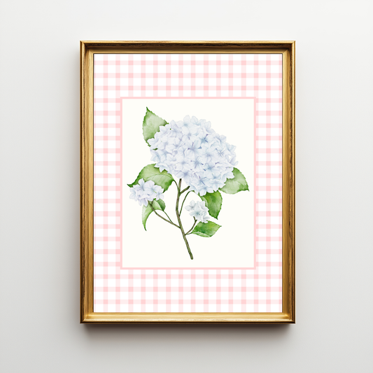 Blue Hydrangea Pink Gingham Wall Art – Bloom I