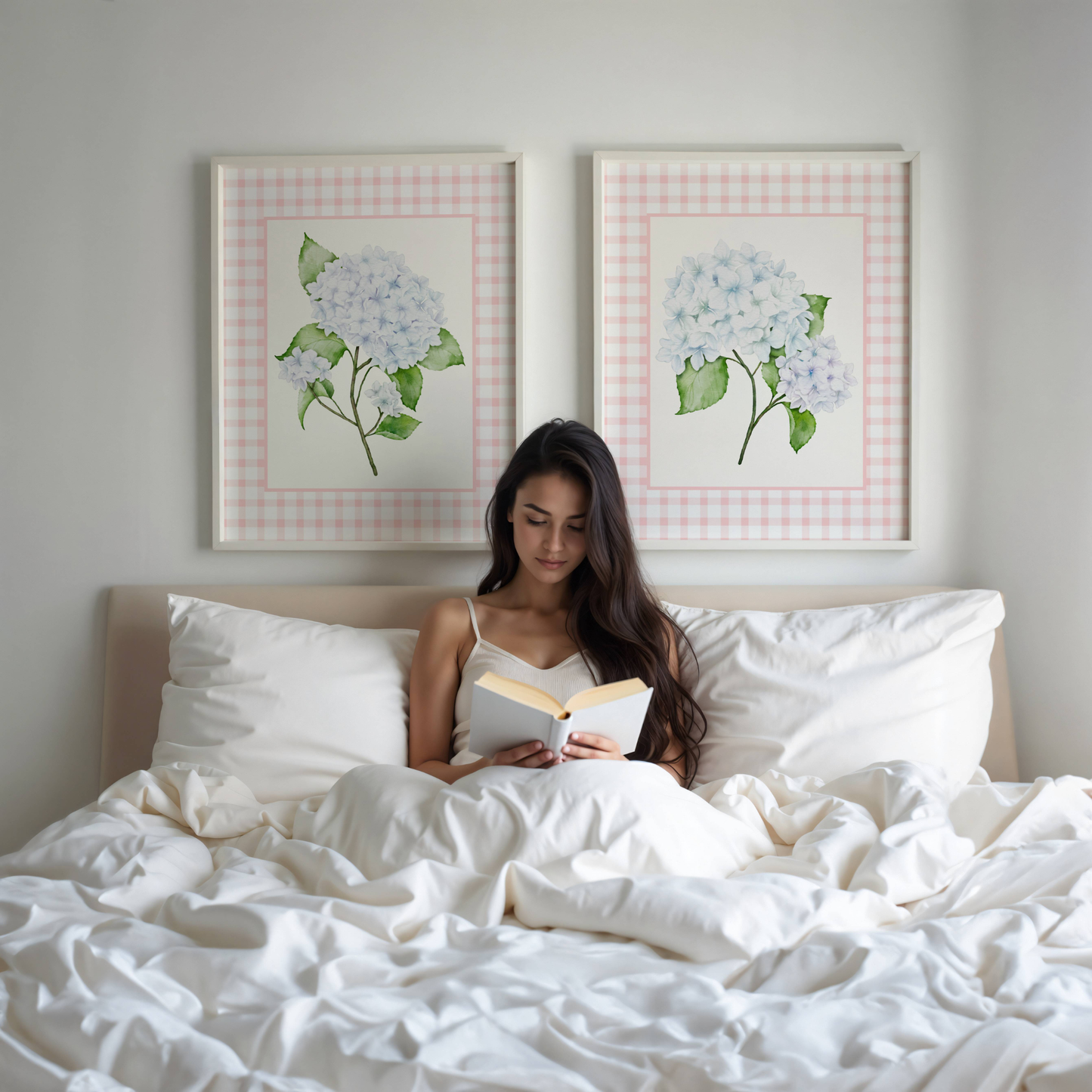 Blue Hydrangea Pink Gingham Wall Art – Bloom I
