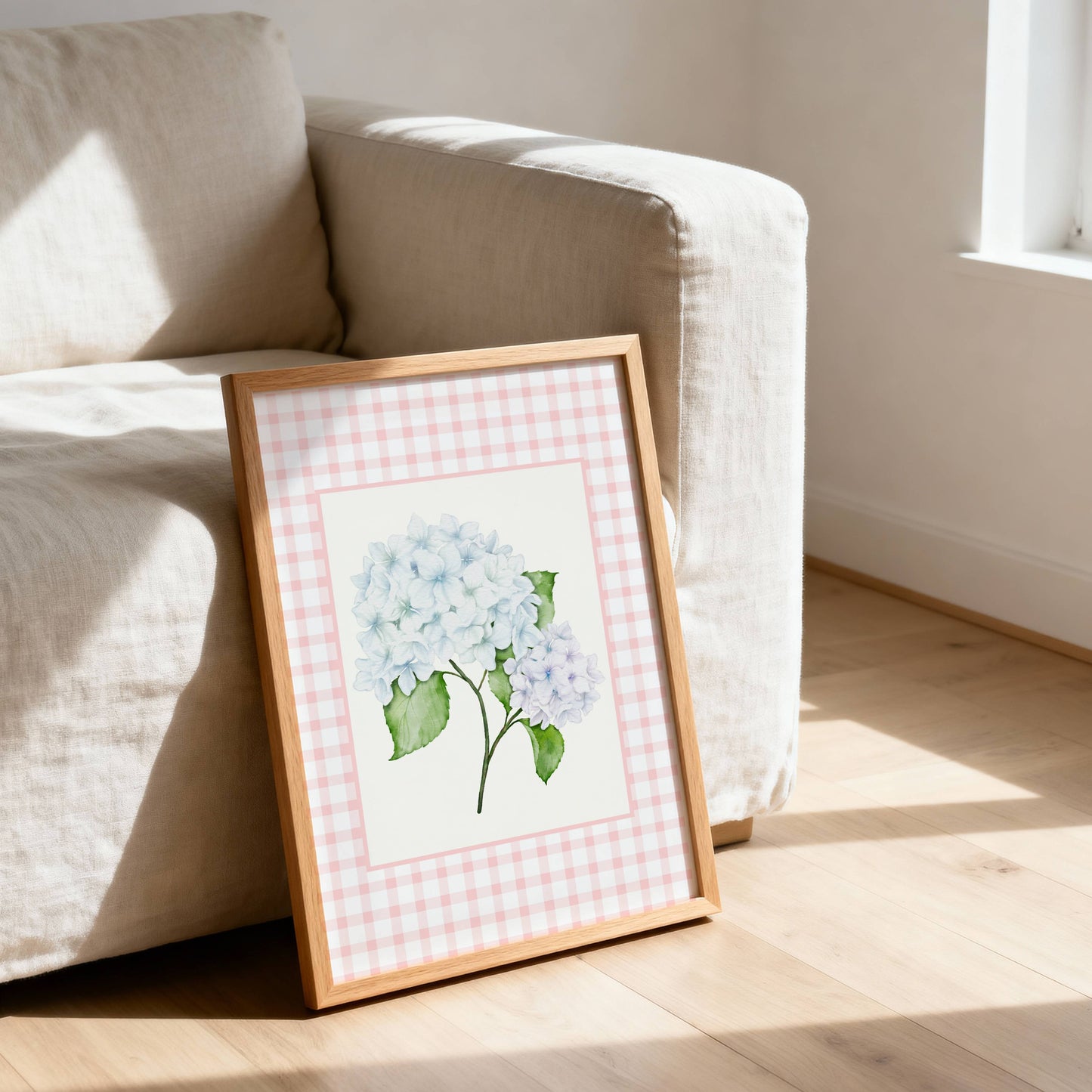 Blue Hydrangea Pink Gingham Wall Art – Bloom II