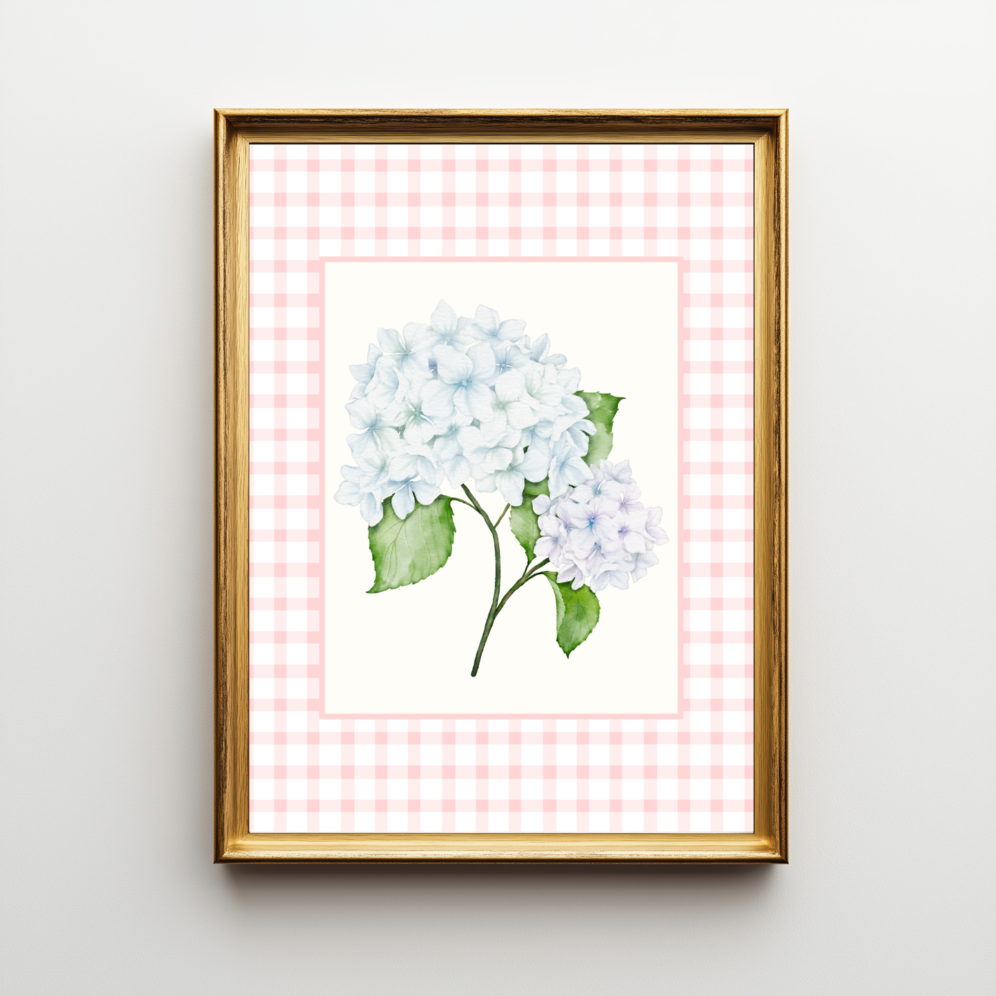 Blue Hydrangea Pink Gingham Wall Art – Bloom II