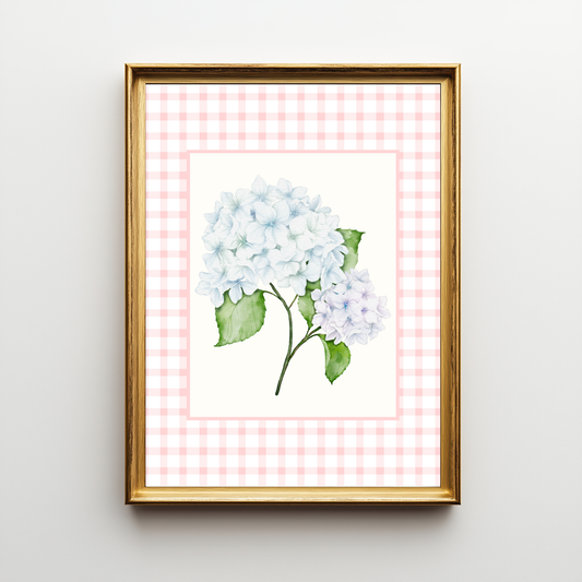 Blue Hydrangea Pink Gingham Wall Art – Bloom II