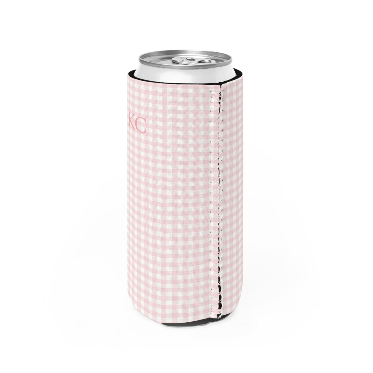 Personalized Slim Can Cooler – Custom Drink Sleeve (Pink Gingham)