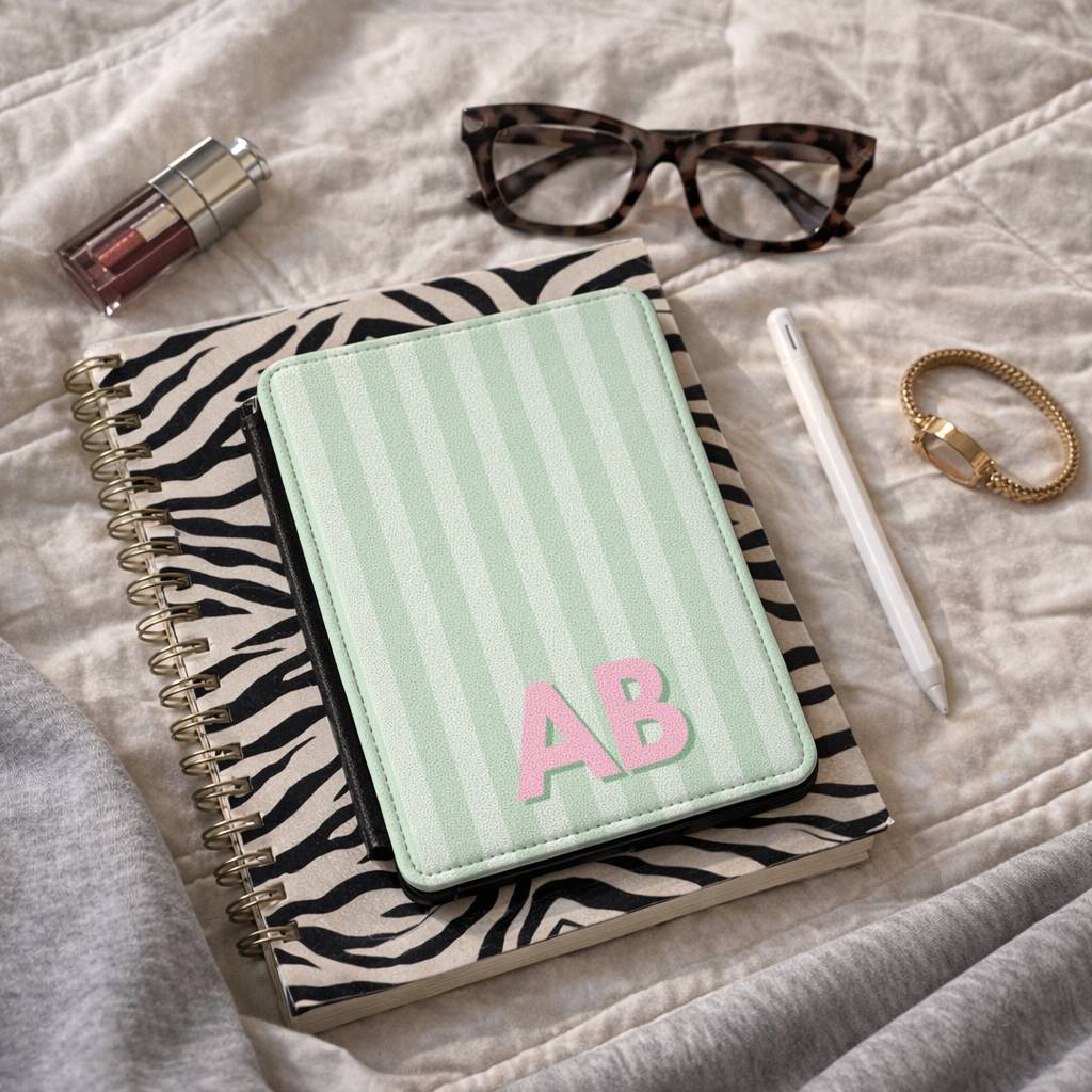 Mint Striped Monogram Kindle Case