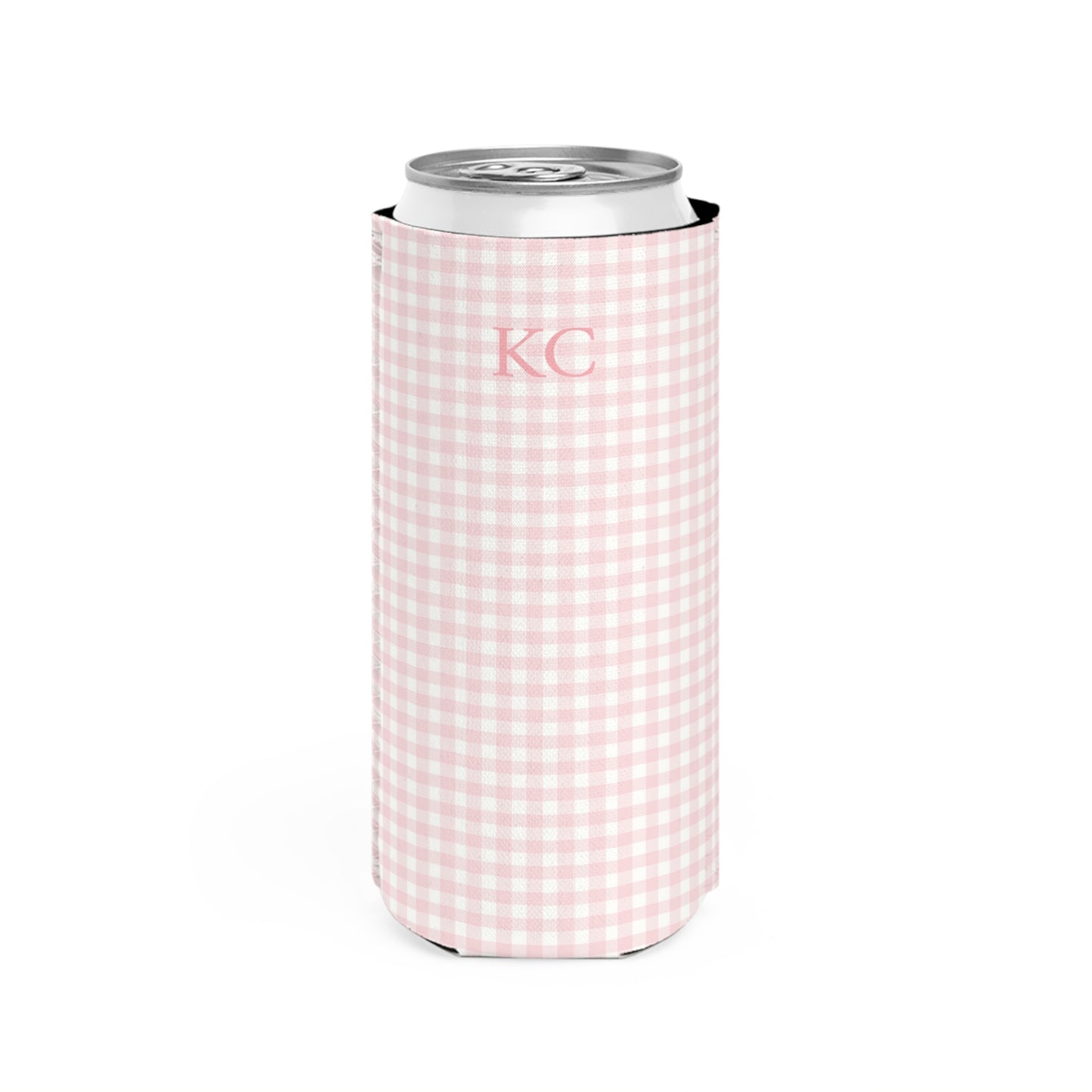 Personalized Slim Can Cooler – Custom Drink Sleeve (Pink Gingham)