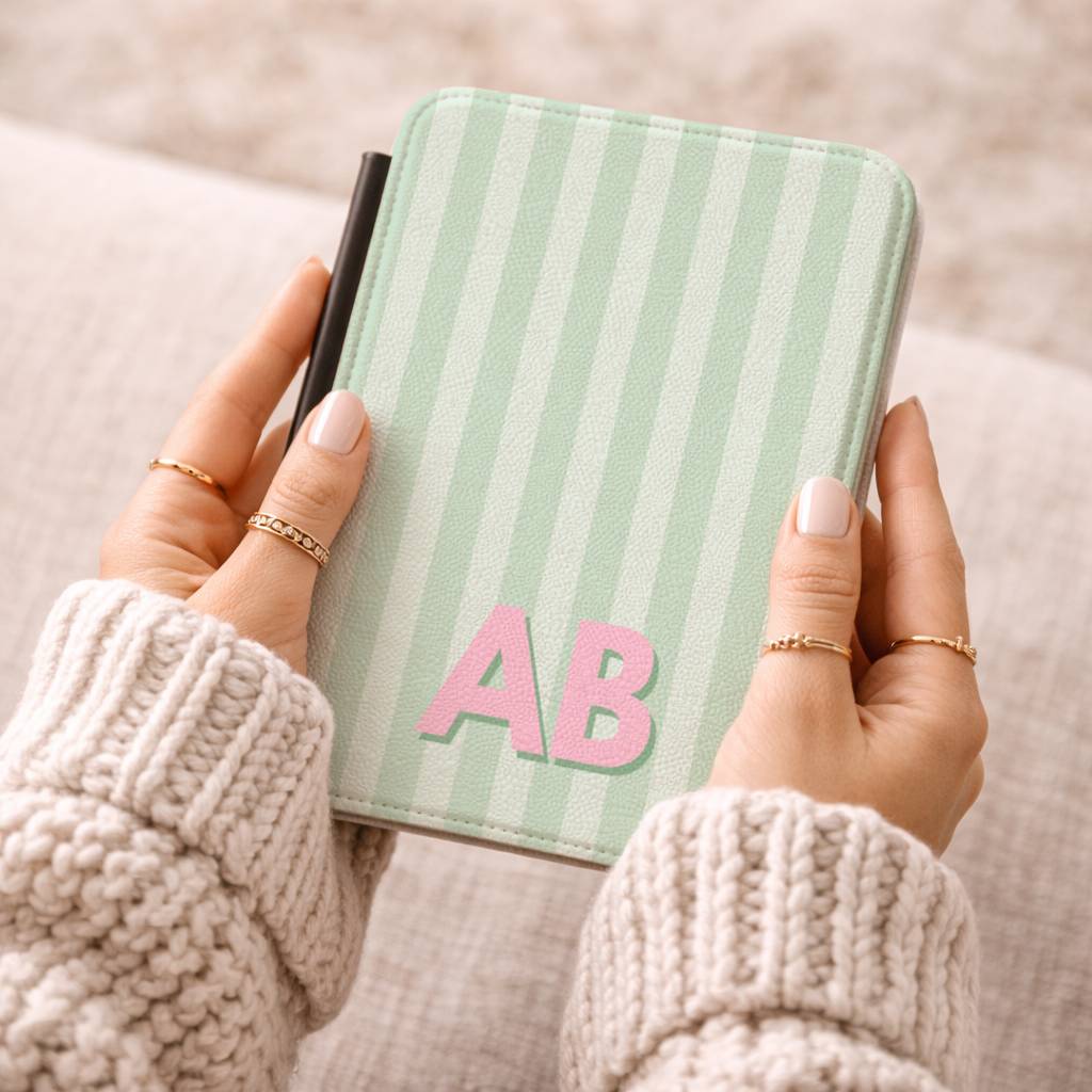 Mint Striped Monogram Kindle Case