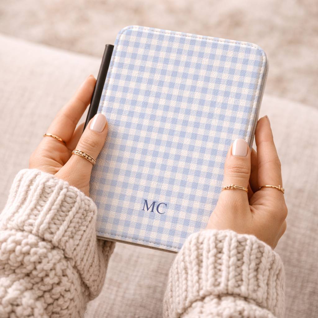 Personalized Blue Gingham Kindle Case