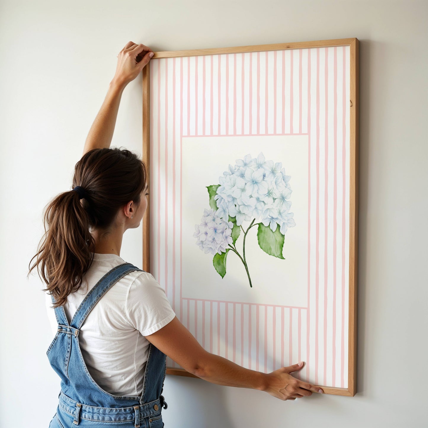 Blue Hydrangea Art Print – Soft Floral Wall Art with Pink Stripe Frame