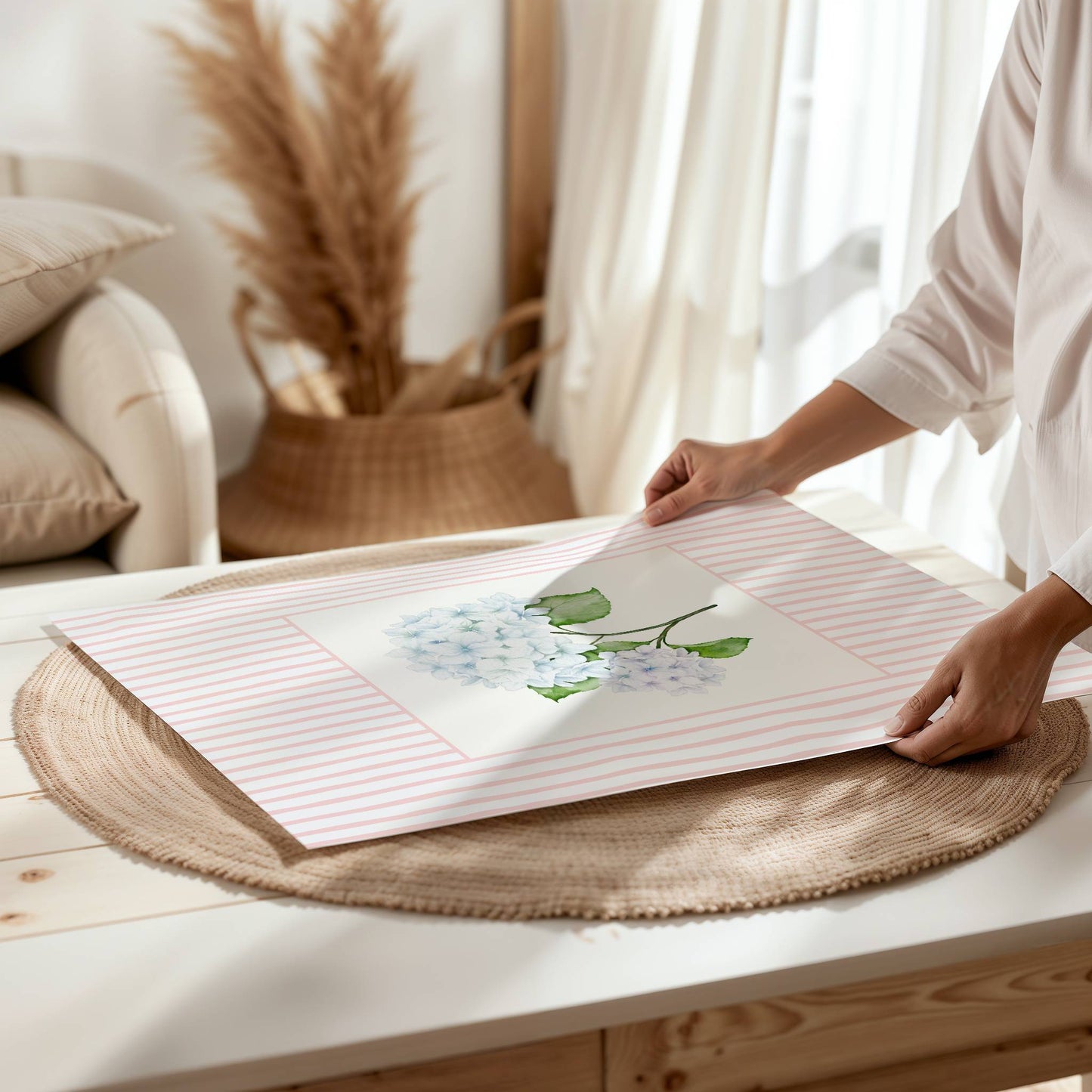 Blue Hydrangea Art Print – Soft Floral Wall Art with Pink Stripe Frame