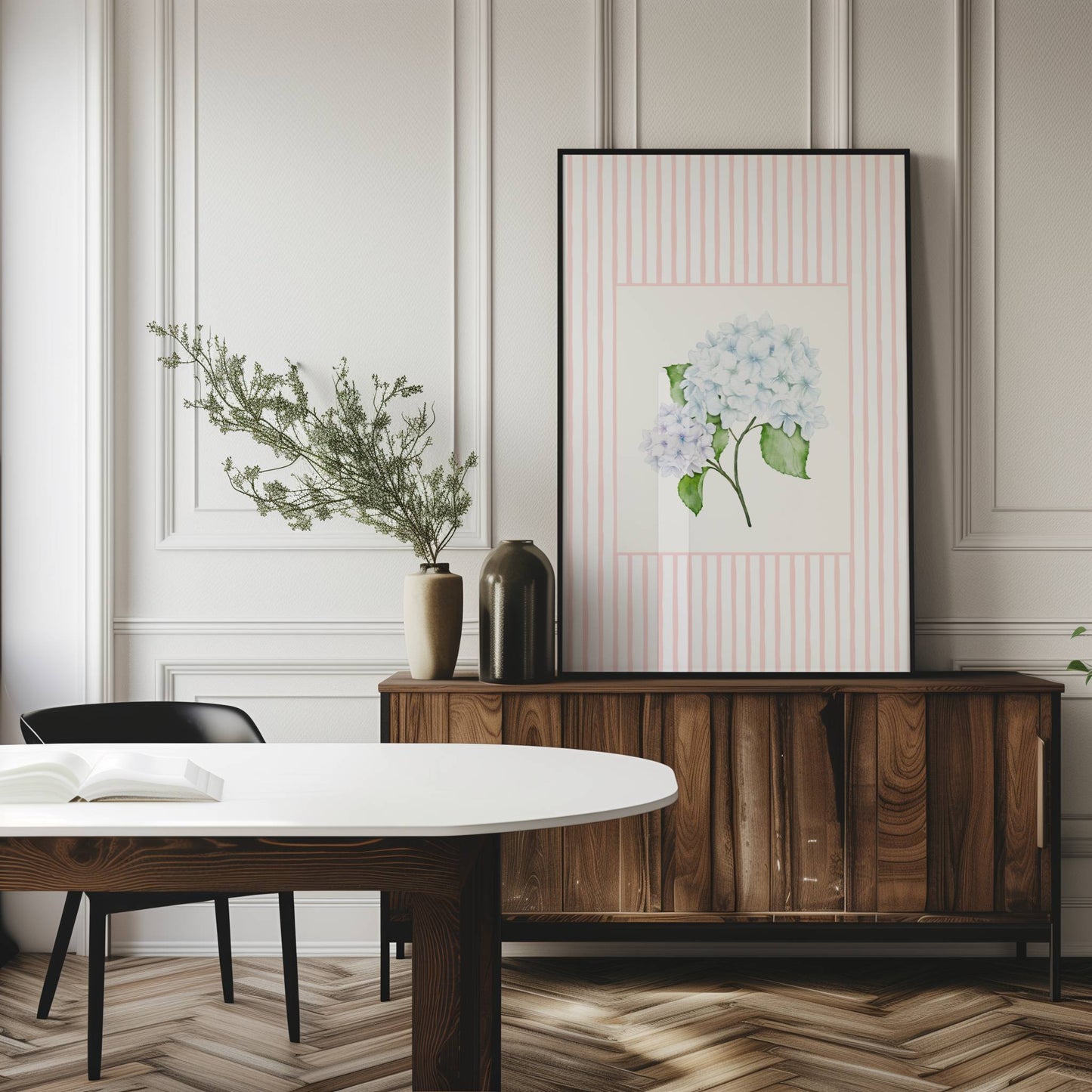 Blue Hydrangea Art Print – Soft Floral Wall Art with Pink Stripe Frame