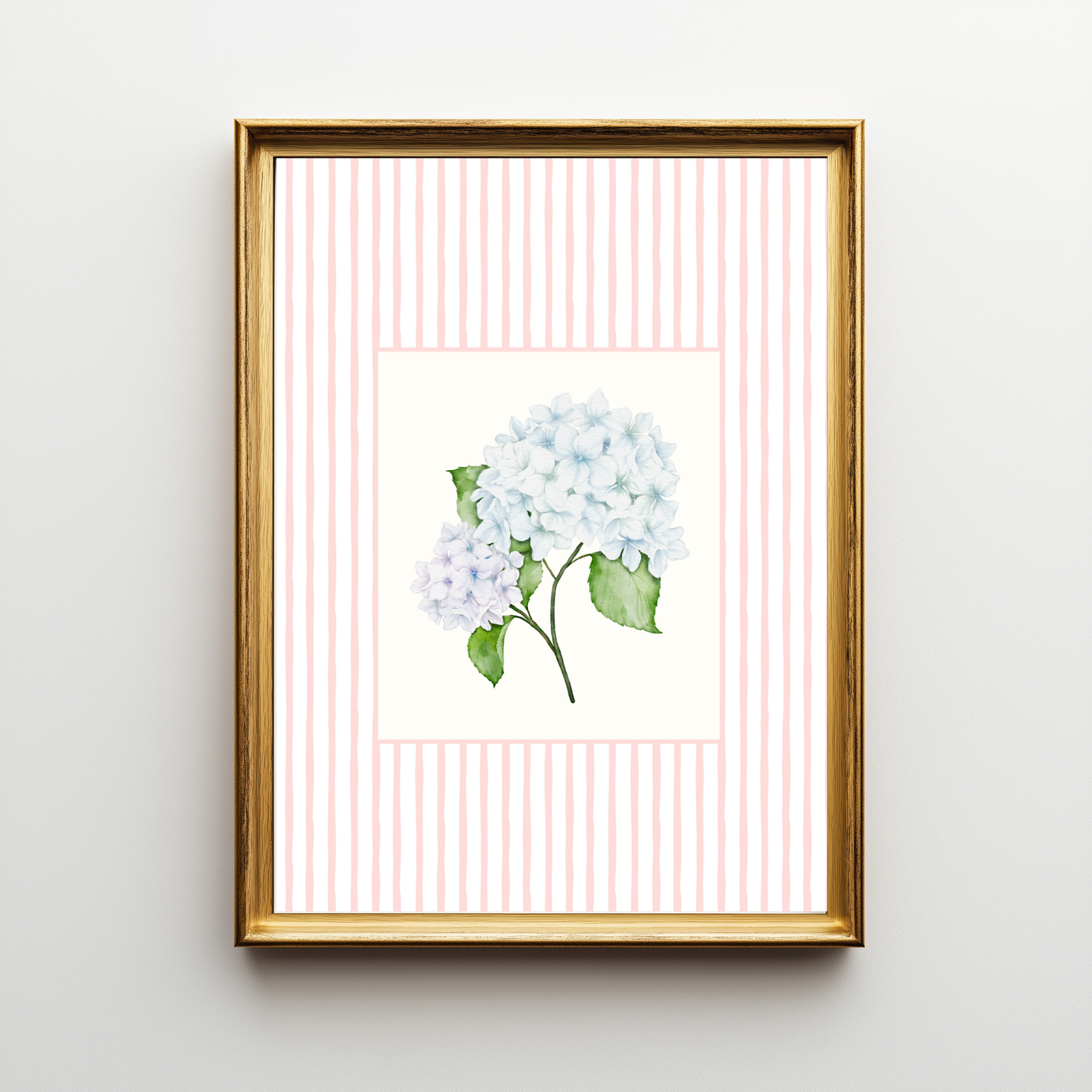 Blue Hydrangea Art Print – Soft Floral Wall Art with Pink Stripe Frame
