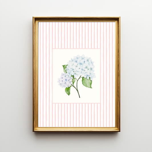 Blue Hydrangea Art Print – Soft Floral Wall Art with Pink Stripe Frame
