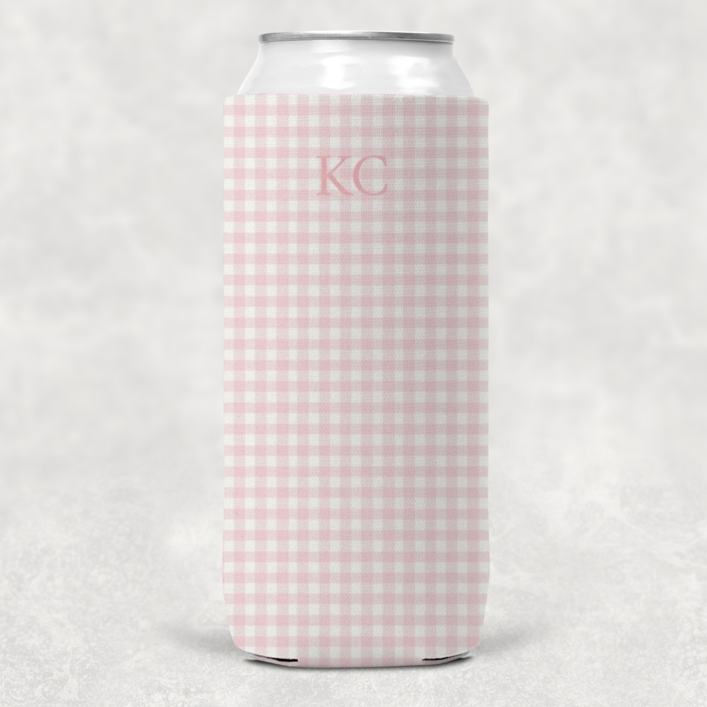 Personalized Slim Can Cooler – Custom Drink Sleeve (Pink Gingham)